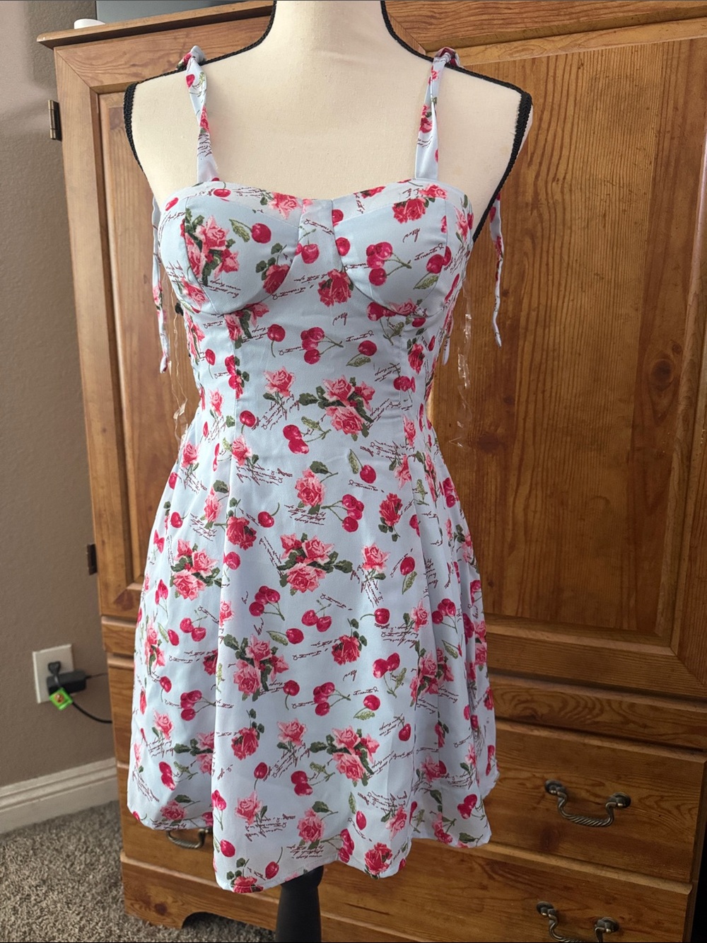 Lily Rose Cherry & Rose Print Tie-Shoulder Sundress - Light Blue